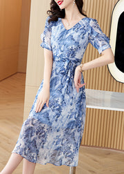 Classy Blue Ruffled Print Tie Waist Chiffon Dresses Summer