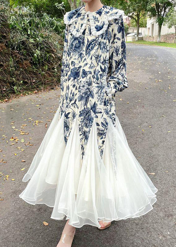 Classy Blue Ruffled Print Tulle Patchwork Silk Velour Long Dresses Spring