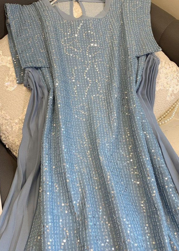 Classy Blue Sequins Patchwork Cotton Mid Dress Sleeveless