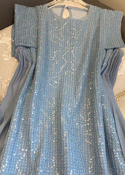 Classy Blue Sequins Patchwork Cotton Mid Dress Sleeveless