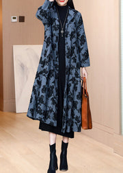 Classy Blue Stand Collar Jacquard Pockets Woolen Coat Fall