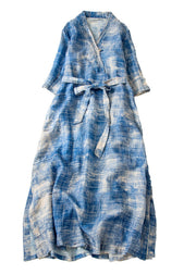 Classy Blue Tie Dye Side Open Tie Waist Linen Long Dresses Summer