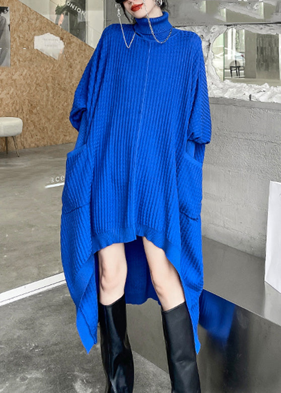 Classy Blue Turtleneck Cozy Knit Long Sweater Winter