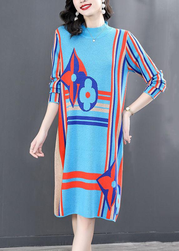 Classy Blue Turtleneck Striped Patchwork Cotton Knit Mid Dress Winter