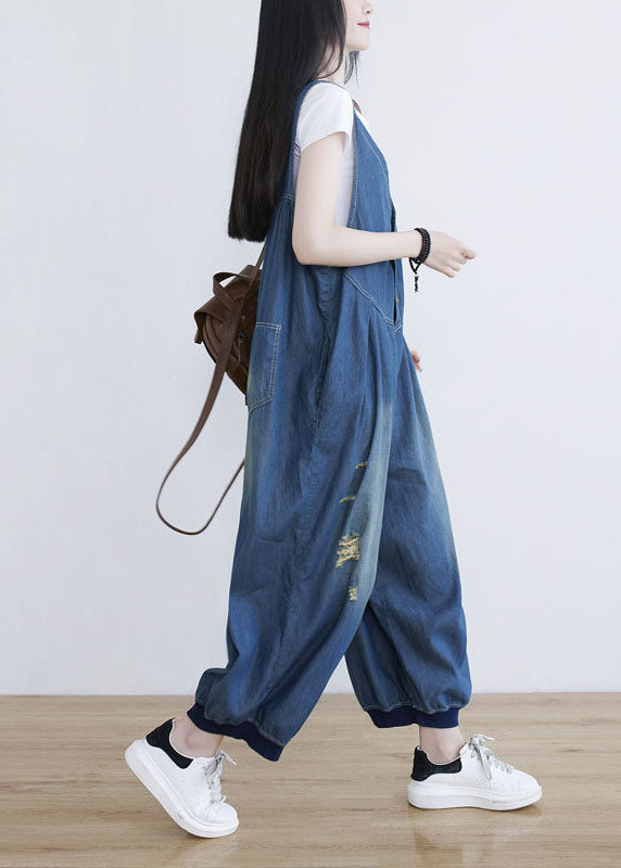 Classy Blue V Neck Oversized Ripped Cotton Denim Jumpsuit Spring