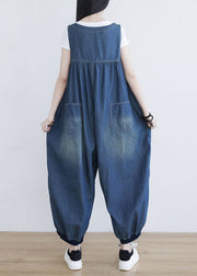 Classy Blue V Neck Oversized Ripped Cotton Denim Jumpsuit Spring