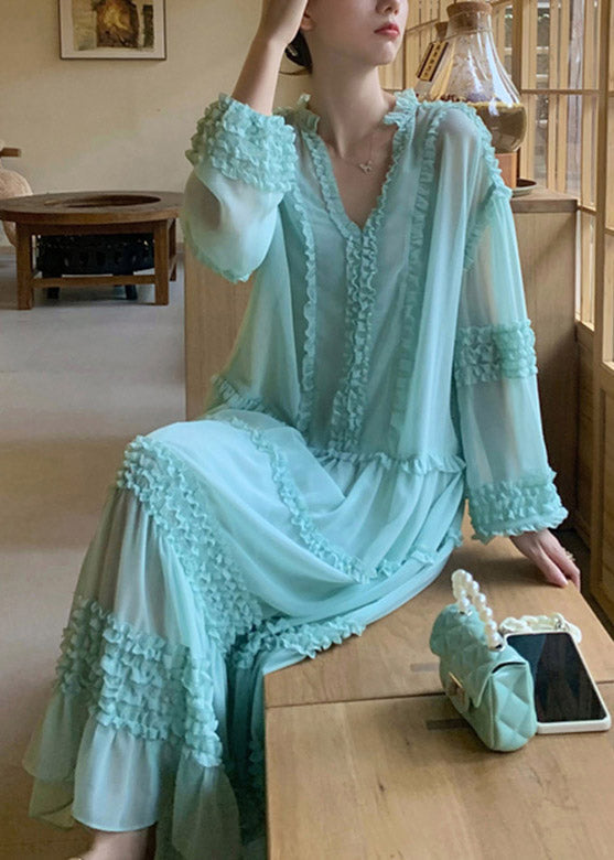 Classy Blue V Neck Ruffled Chiffon Layered Long Dress Long Sleeve