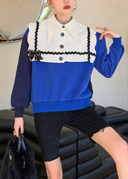 Classy Blue White Colorblock Peter Pan Collar Bow Patchwork Knit Sweatshirt Long Sleeve