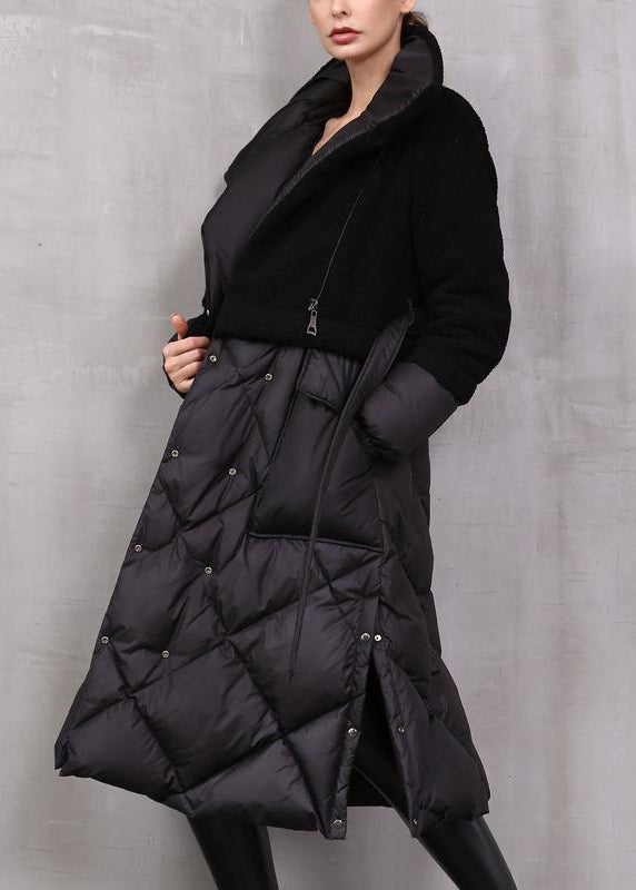 Classy Blue Zip Up Tie Waist Patchwork Duck Down Coat Winter