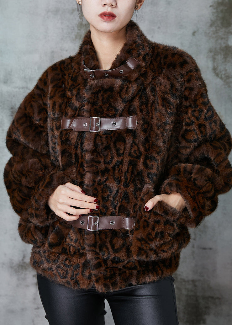 Classy Brown Leopard Print Pockets Faux Fur Coat Winter