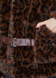 Classy Brown Leopard Print Pockets Faux Fur Coat Winter