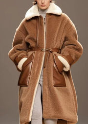 Classy Brown Oversized Patchwork Warm Fleece Coat Outwear Winter