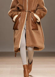 Classy Brown Oversized Patchwork Warm Fleece Coat Outwear Winter