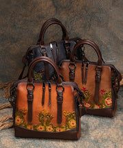 Classy Brown The Sunflowers Embossing Calf Leather Tote Handbag