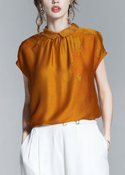 Classy Caramel Peter Pan Collar Print Silk T ShirtShort Sleeve