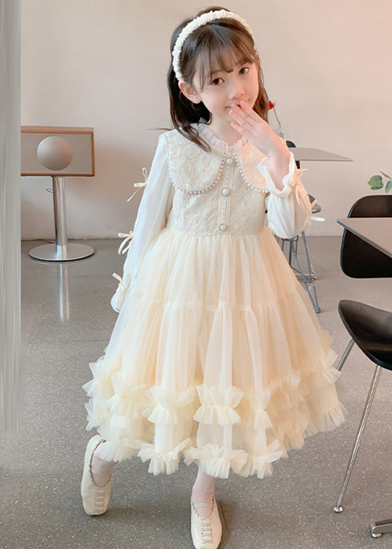 Classy Champagne Ruffled Nail Bead Tulle Patchwork Kids Maxi Dresses Fall