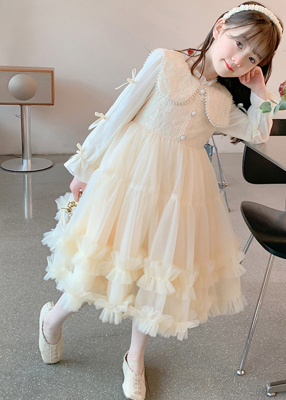 Classy Champagne Ruffled Nail Bead Tulle Patchwork Kids Maxi Dresses Fall