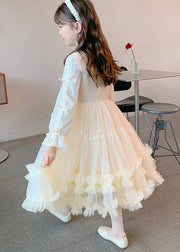 Classy Champagne Ruffled Nail Bead Tulle Patchwork Kids Maxi Dresses Fall