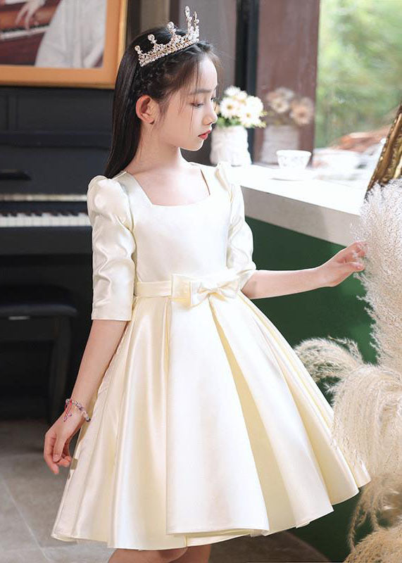 Classy Champagne Square Collar Bow Satin Kids Mid Dresses Half Sleeve