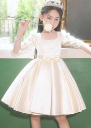 Classy Champagne Square Collar Bow Satin Kids Mid Dresses Half Sleeve