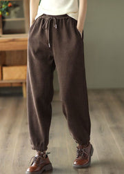 Classy Coffee Elastic Waist Pockets Warm Fleece Pants Winter