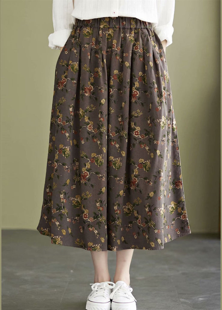 Classy Coffee Elastic Waist Print Cotton A Line Skirt Fall