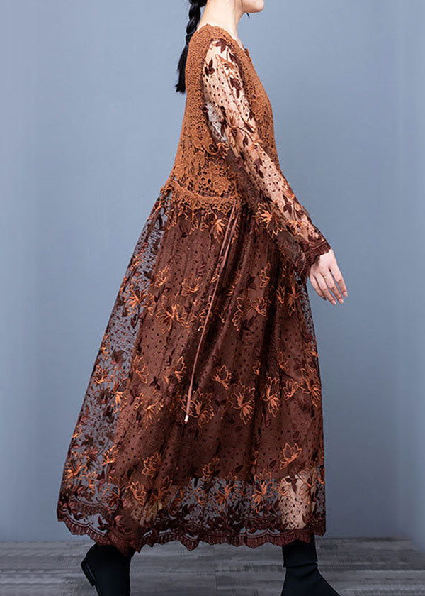 Classy Coffee Lace Embroideried Patchwork Dresses Spring