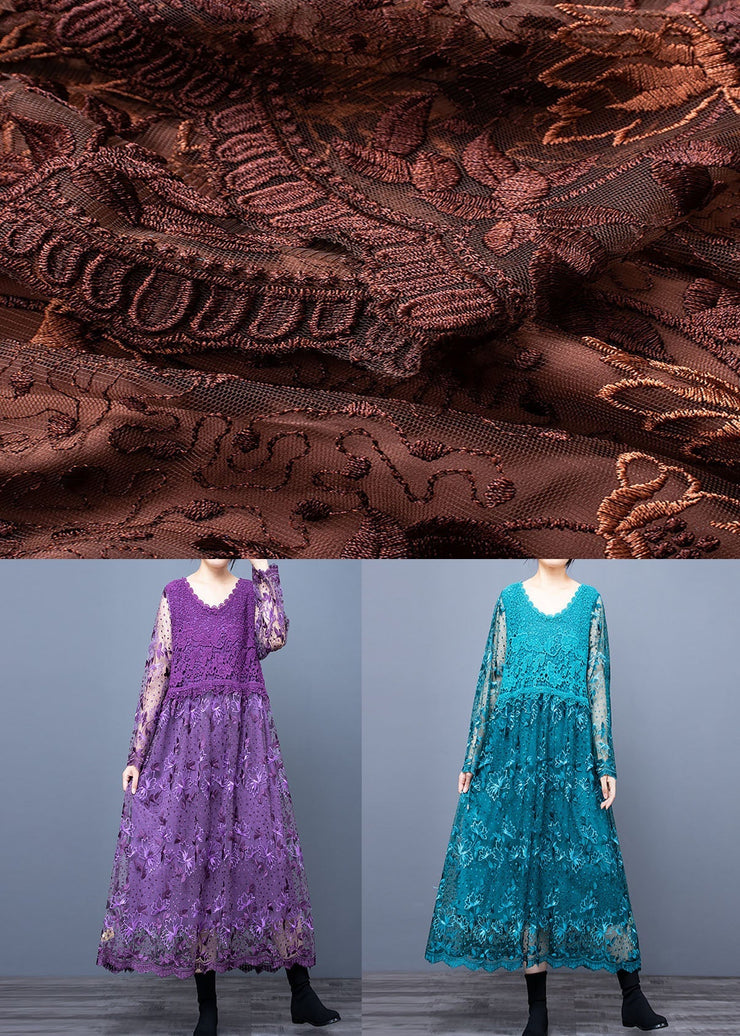 Classy Coffee Lace Embroideried Patchwork Dresses Spring