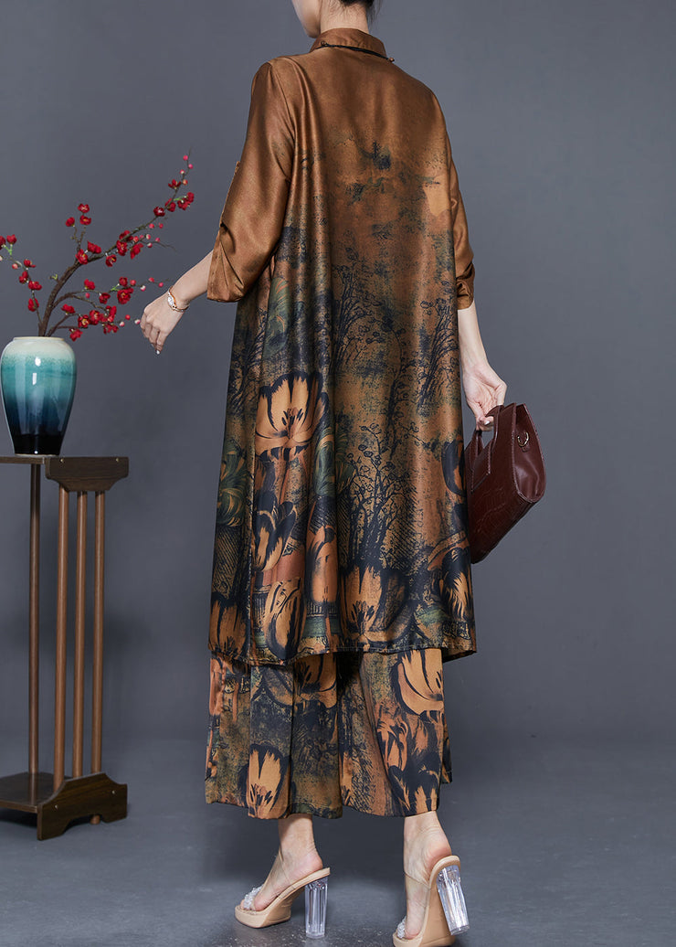 Classy Coffee Oversized Print Silk Long Shirt And Straight Pant Two Piece Set Fall