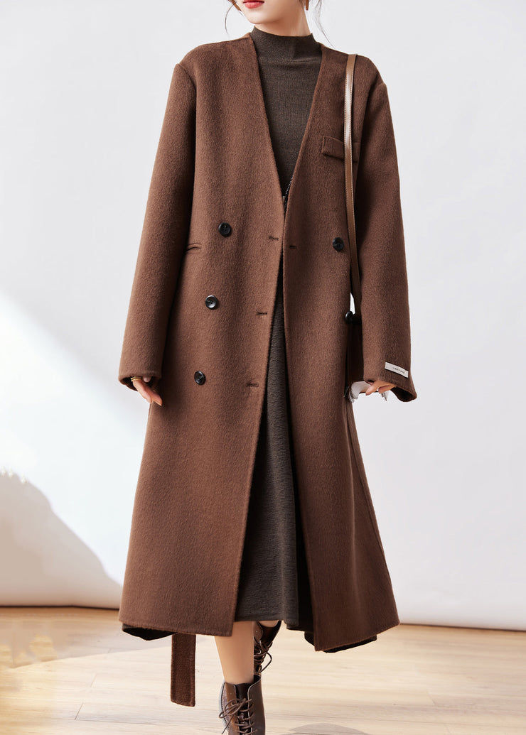 Classy Coffee Pockets Tie Waist Woolen Coats Winter