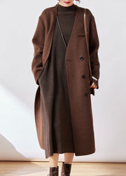 Classy Coffee Pockets Tie Waist Woolen Coats Winter