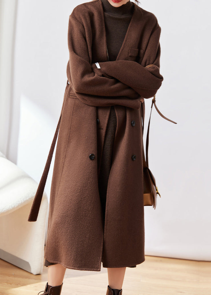 Classy Coffee Pockets Tie Waist Woolen Coats Winter