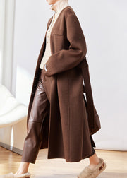 Classy Coffee Pockets Tie Waist Woolen Coats Winter