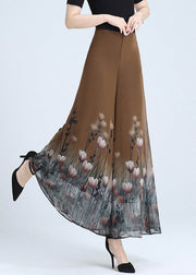 Classy Coffee Print High Waist Chiffon Wide Leg Pants Summer