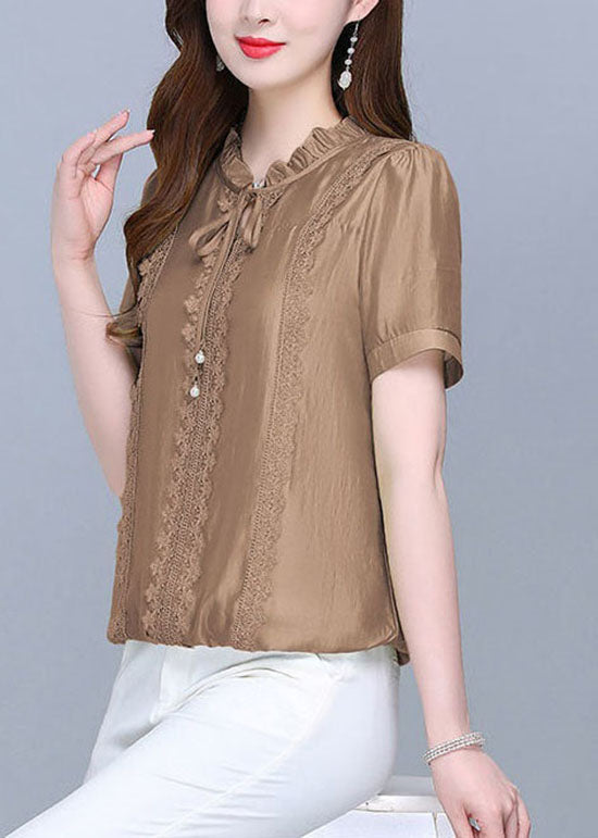 Classy Coffee Ruffled Lace Patchwork Cotton Blouse Tops Summer