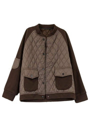 Classy Chocolate Stand Collar Pockets Patchwork Fine Cotton Filled Jackets Winter