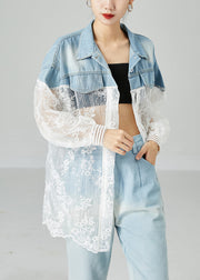 Classy Colorblock Embroideried Patchwork Hollow Out Denim Coat Outwear Summer