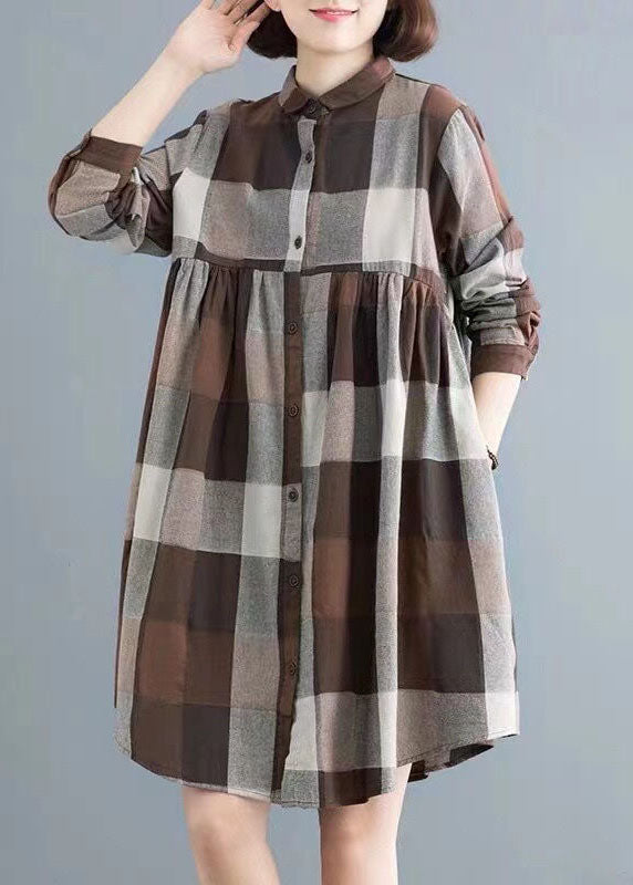 Classy Colorblock Peter Pan Collar Plaid Cotton Shirts Dress Spring