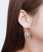 Classy Colorblock Sterling Silver Inlaid Beeswax Floral Drop Earrings