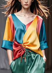 Classy Colorblock V Neck Cinched Patchwork Silk Top Half Sleeve