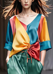 Classy Colorblock V Neck Cinched Patchwork Silk Top Half Sleeve