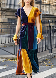 Classy Colorblock V Neck Patchwork Velvet Dress Butterfly Sleeve