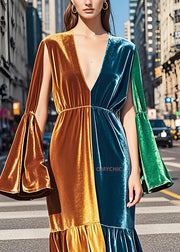 Classy Colorblock V Neck Patchwork Velvet Dresses Fall