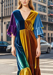 Classy Colorblock V Neck Patchwork Velvet Long Dress Butterfly Sleeve