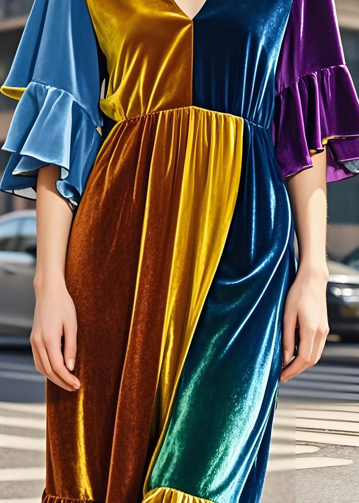 Classy Colorblock V Neck Patchwork Velvet Long Dress Butterfly Sleeve