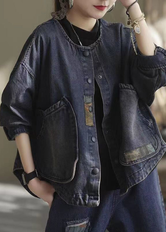 Classy Dark Blue O-Neck Pockets Patchwork Denim Coats Long Sleeve