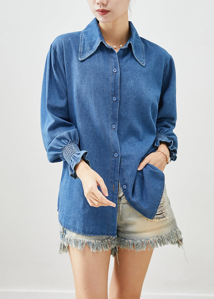 Classy Denim Blue Oversized Cotton Shirt Lantern Sleeve