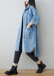 Classy Denim Blue Oversized Pockets Cotton Long Shirts Bracelet Sleeve