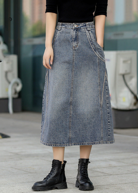 Classy Denim Blue Patchwork Elastic Waist A Line Skirt