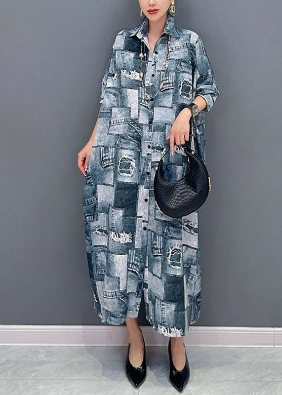 Classy Denim Blue Peter Pan Collar Print Button Maxi Shirts Dress Long Sleeve